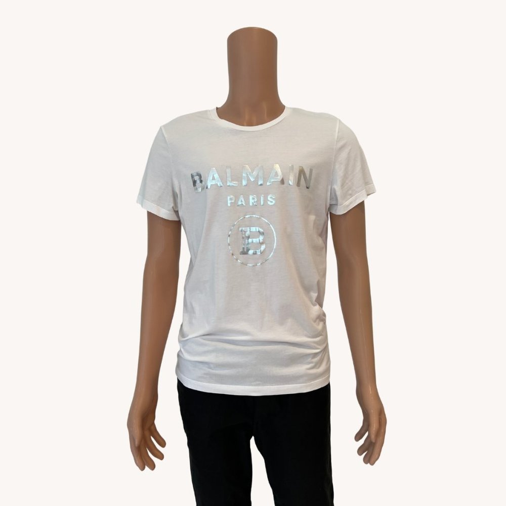 BALMAIN LOGO-PRINT COTTON MENS SHIRT. WHITE/CHROME SIZE M